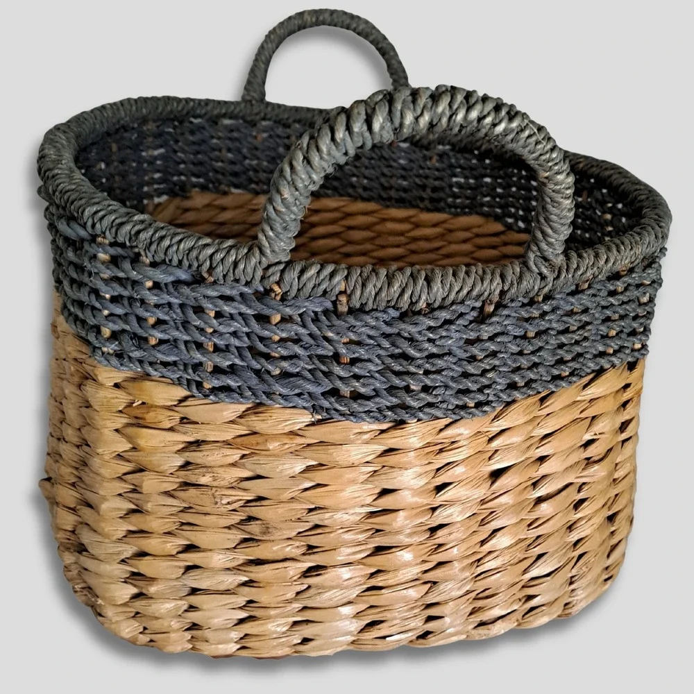 Woven Seagrass Storage Basket XL Natural Gray Two Tone Handles Boho NWT Home